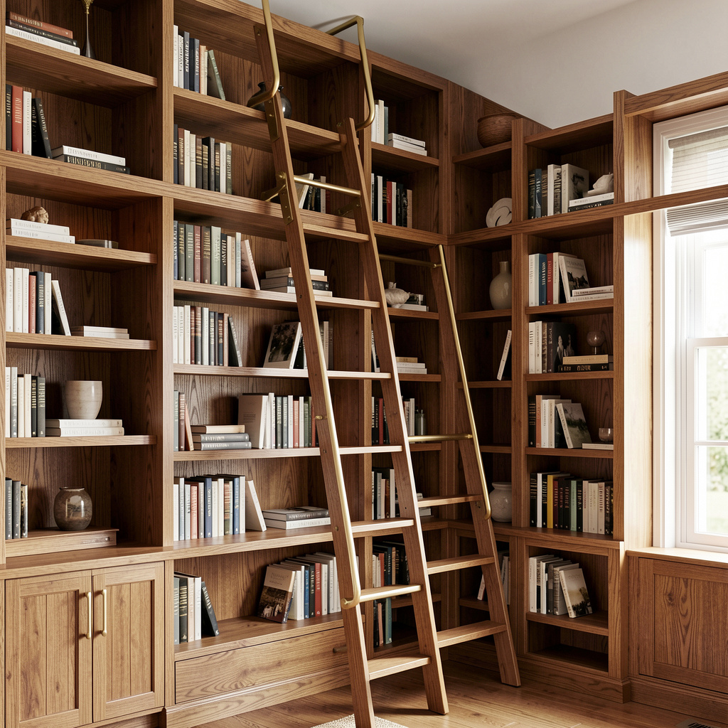 Floor-to-ceiling oak library shelving with integrated ladder system