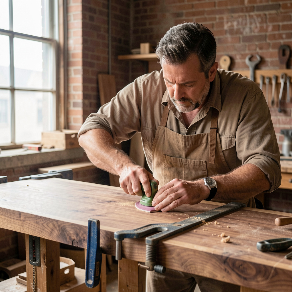 Master craftsman Giorgi Beridze working on custom walnut table in Brooklyn workshop